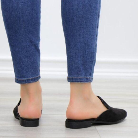 Suede Black Pointy Toe Slip On Mule Loafer - Picture 7 of 12